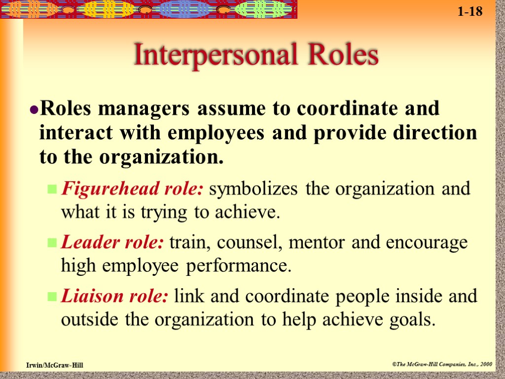 Interpersonal Roles Roles managers assume to coordinate and interact with employees and provide direction